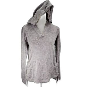 Roxy Gray Striped Kangaroo Pocket V-neck Long Sleeve Side Cinch Hoodie